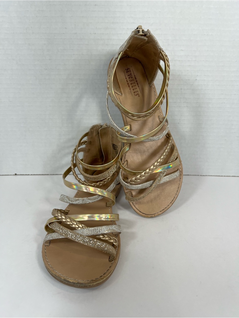 Seychelles Girls Gold Gladiator Sandals Size 3 Metallic Braided Sparkle Zip Back